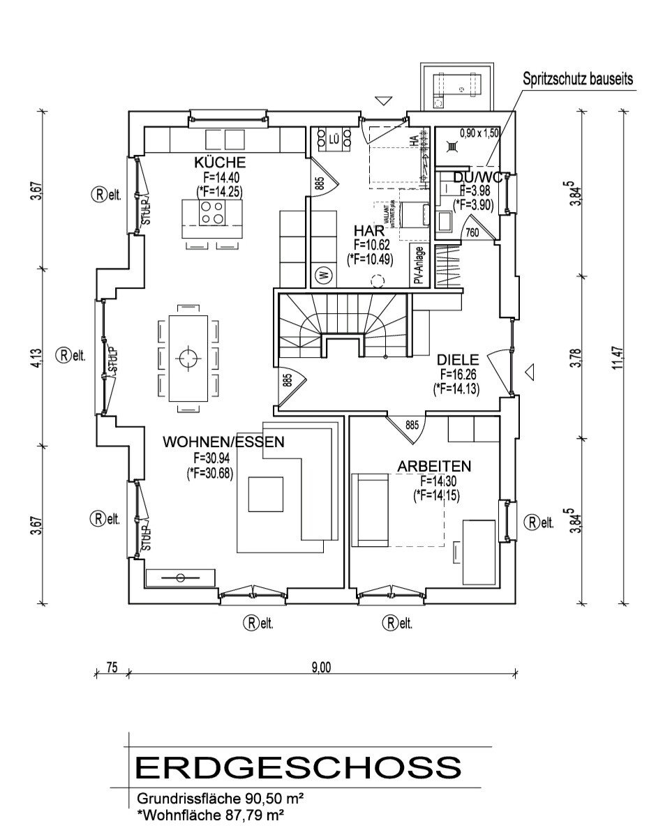 Grundriss Erdgeschoss: Küche, Wohnen/Essen, Arbeiten, Diele, Bad, Dusche/WC, Treppen.