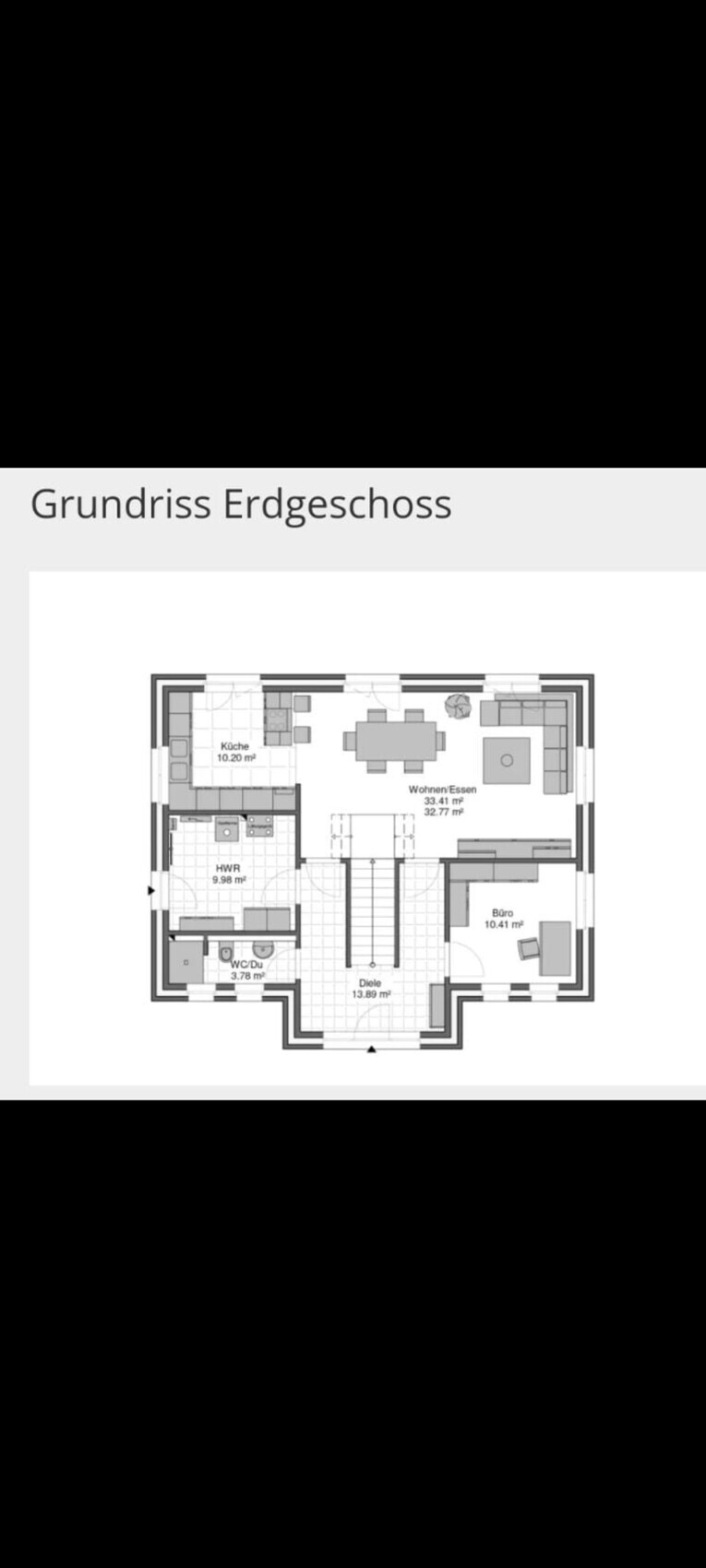 Grundriss Erdgeschoss: Küche, Wohnen/Essen, Diele, Büro, HWR, WC/Du.