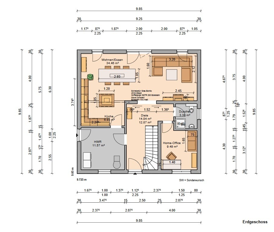 Grundriss Erdgeschoss: Wohnen/Essen, Küche, HWR, Diele, Dusche, Home-Office.