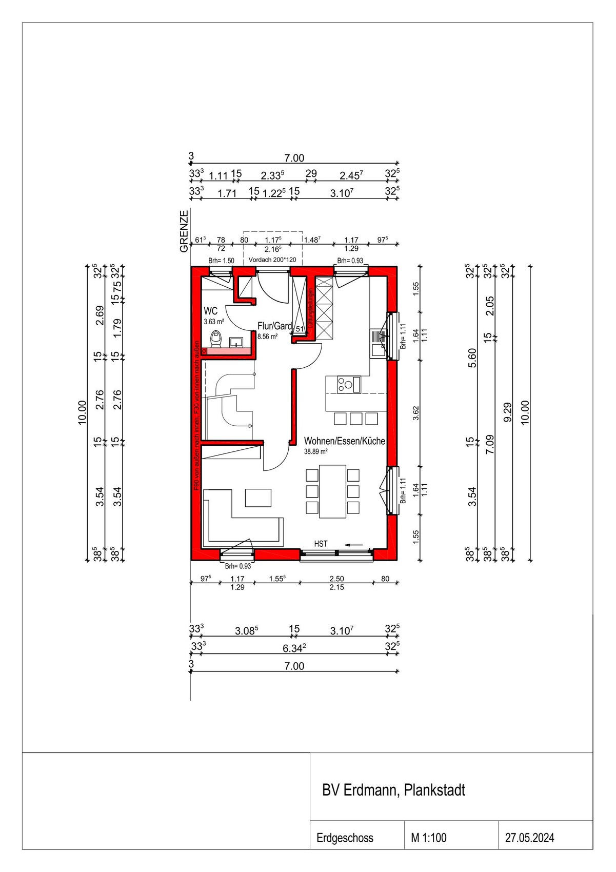 Grundriss Erdgeschoss mit offener Wohn-/Ess-/Küchenfläche, WC, Flur; rote Außenwand.