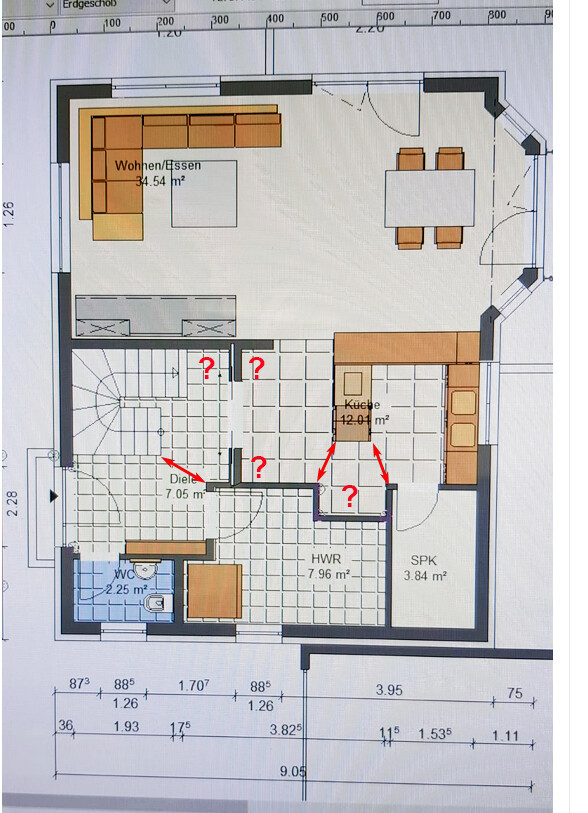 Grundriss Erdgeschoss mit Wohnzimmer, Essecke, Küche, Diele und HWR