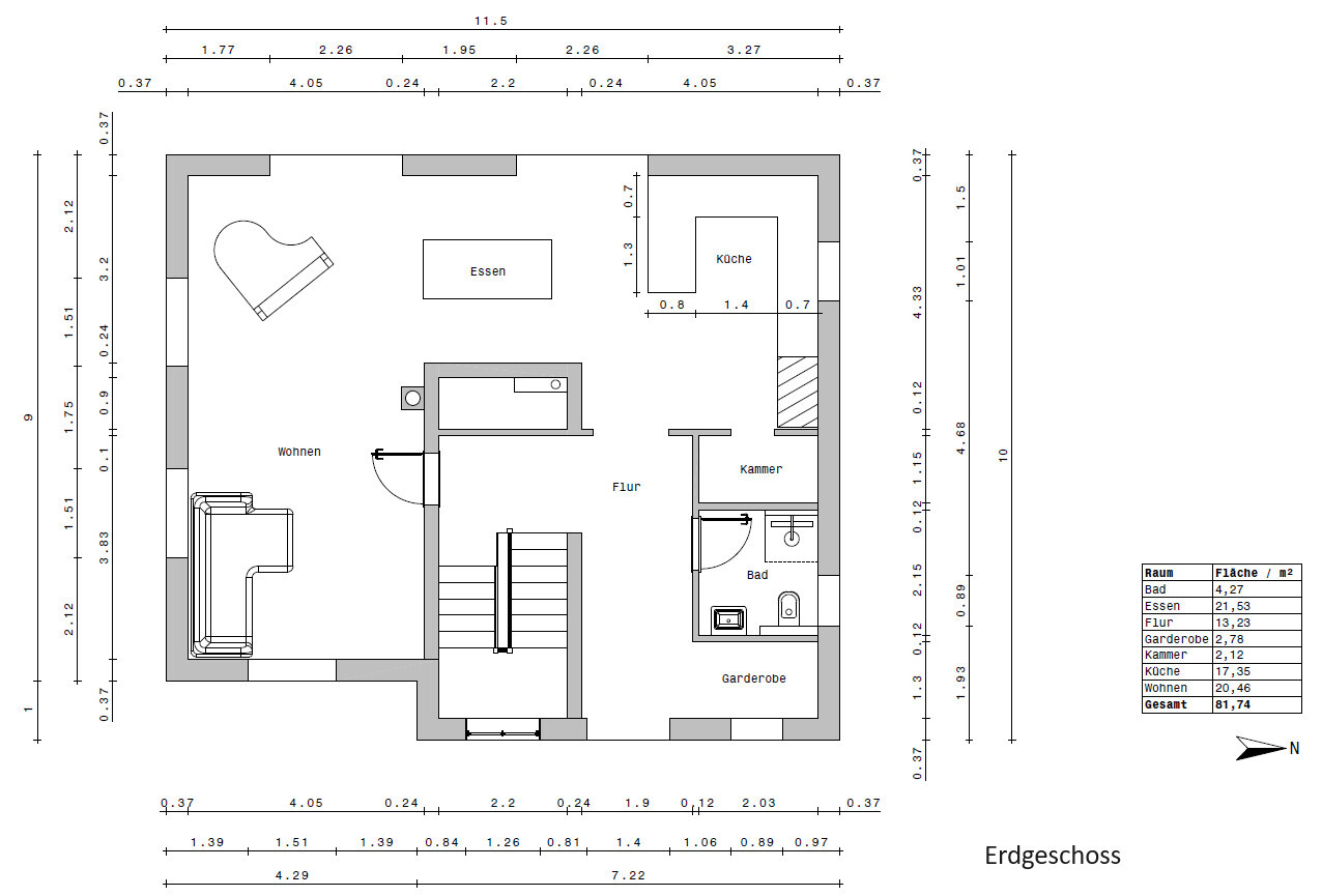 Grundriss Erdgeschoss mit Wohnen, Essen, Küche, Bad, Flur, Garderobe und Kammer.