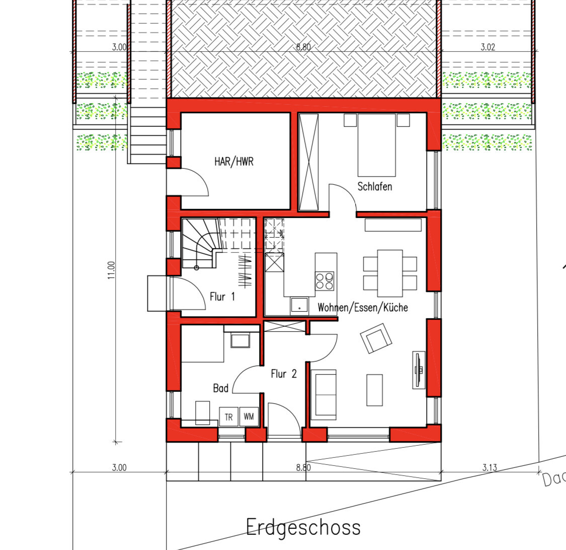 Grundriss Erdgeschoss mit Wohn-, Ess- und Küchenbereich, Schlafzimmer und Bad