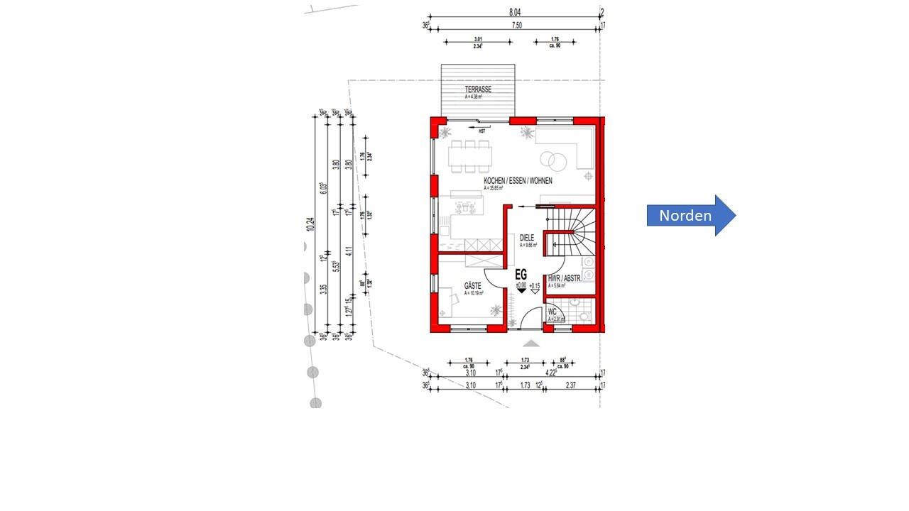 Grundriss Erdgeschoss: Küche/Essen/Wohnen, Gästezimmer, Diele, WC, HWR, Terrasse; Norden.