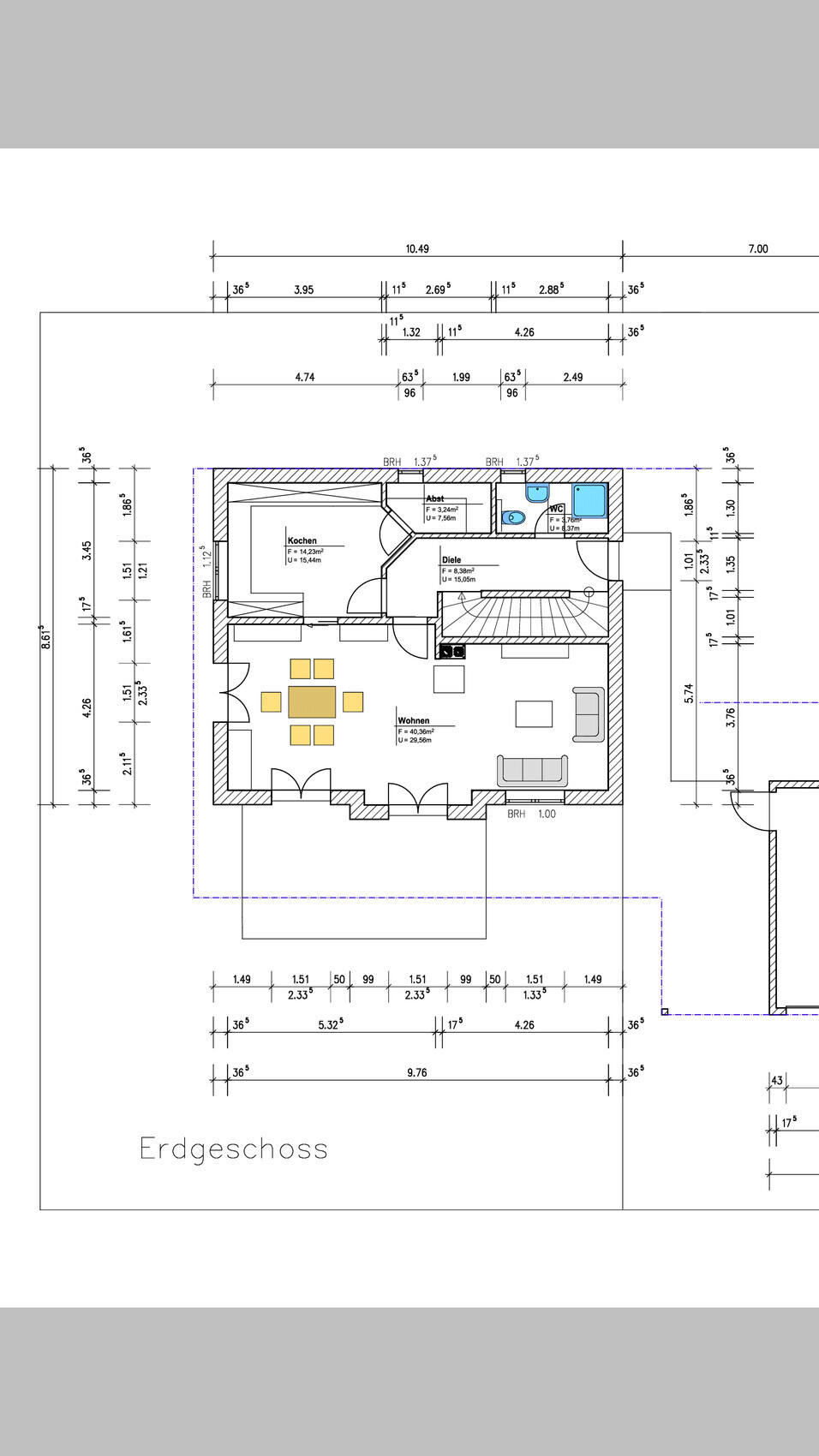 Erdgeschoss Grundriss eines Hauses mit Wohnen, Küche, Diele, Bad und Treppenzugang