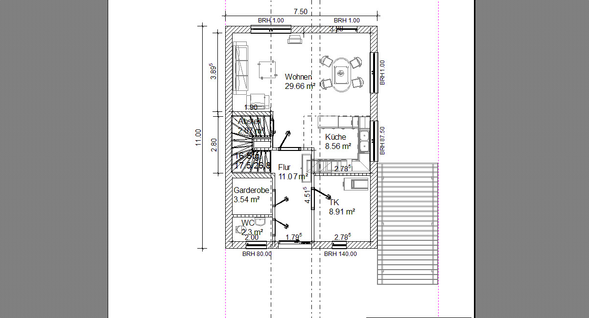 Grundriss eines Hauses: Wohnzimmer, Küche, Flur, Garderobe, WC, Technikraum und Treppe.