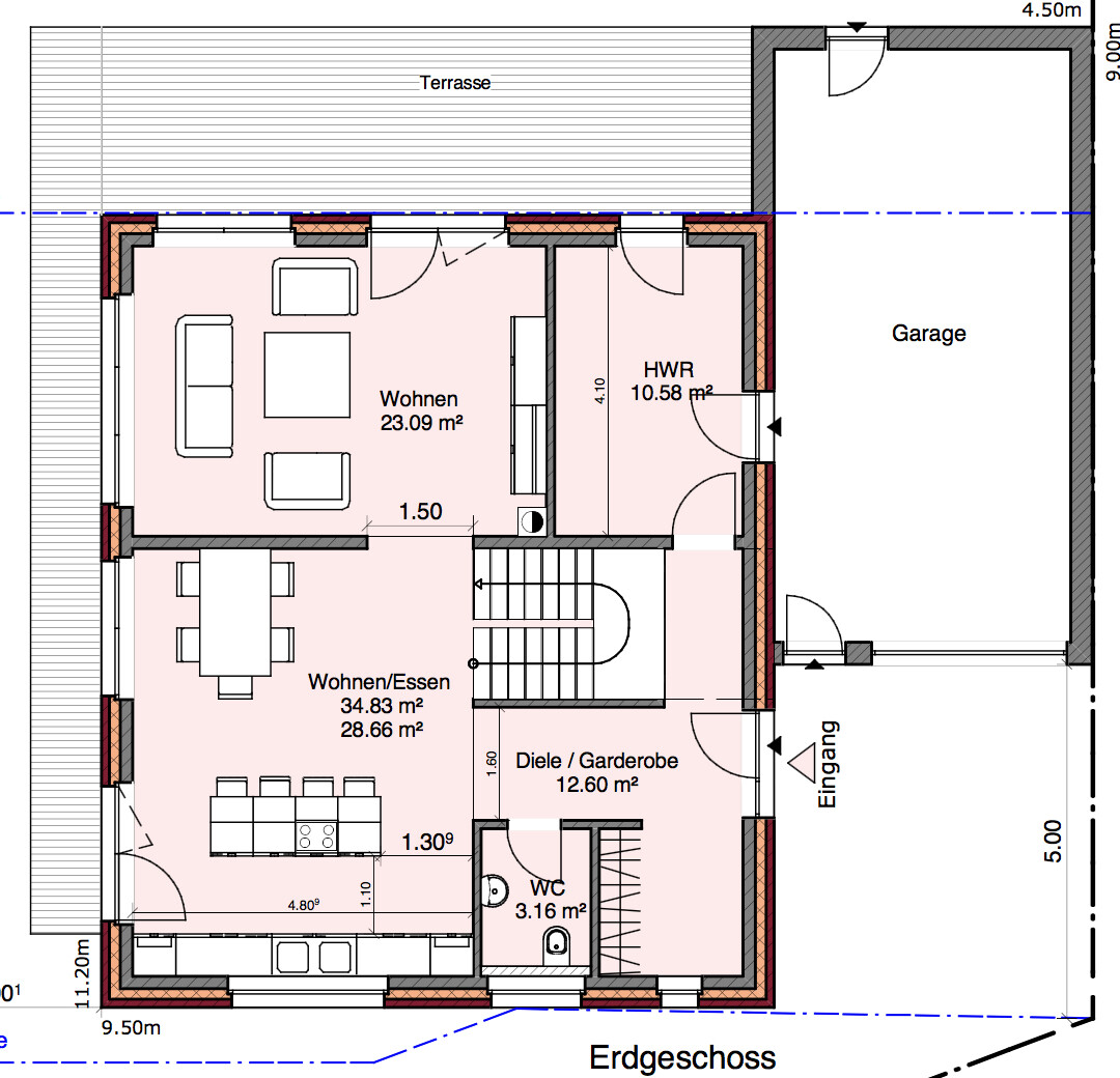Grundriss Erdgeschoss eines Hauses mit Wohnzimmer, Essbereich, Diele, WC, HWR, Terrasse und Garage