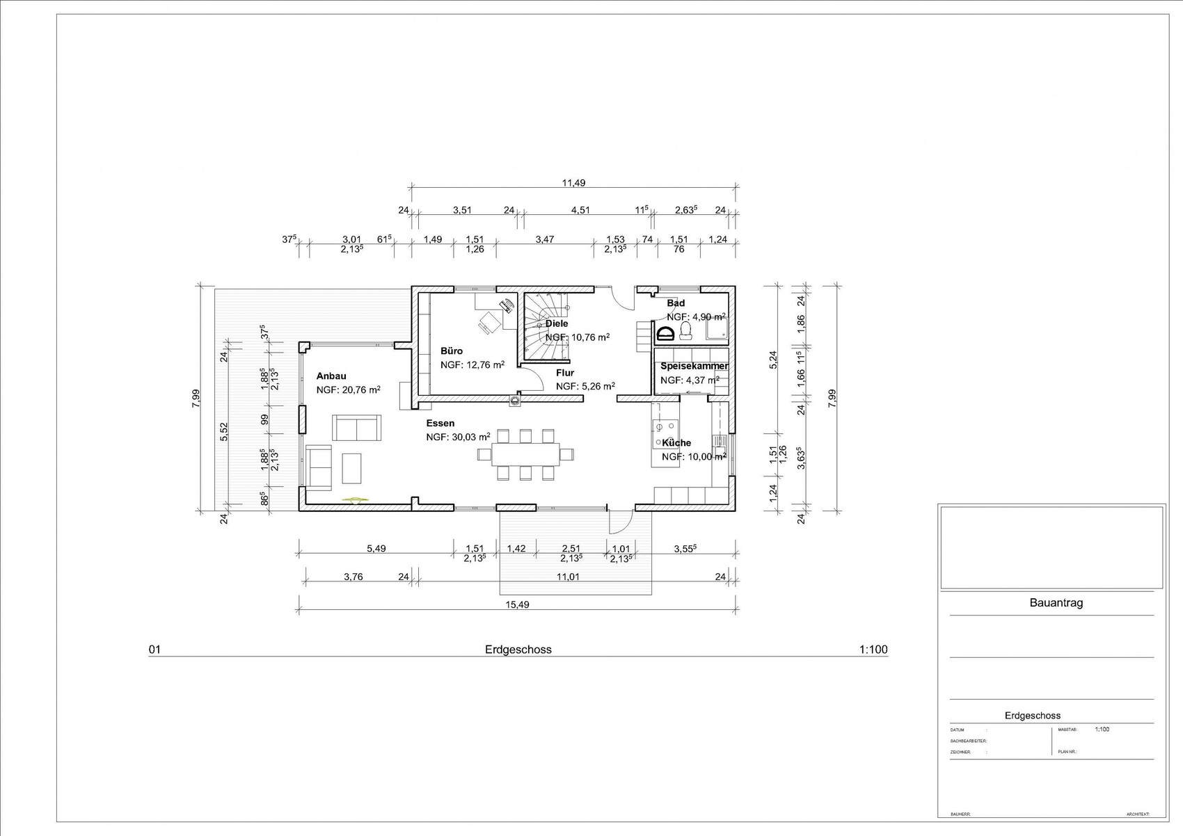 Grundriss Erdgeschoss mit Anbau, Büro, Essen, Küche, Bad, Speisekammer, Diele und Flur.