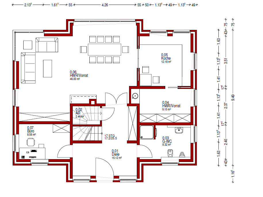 Grundriss eines Hauses mit Wohnzimmer, Essbereich, Küche, Büro, HWR/Vorrat, Diele, Bad, Treppenhaus.