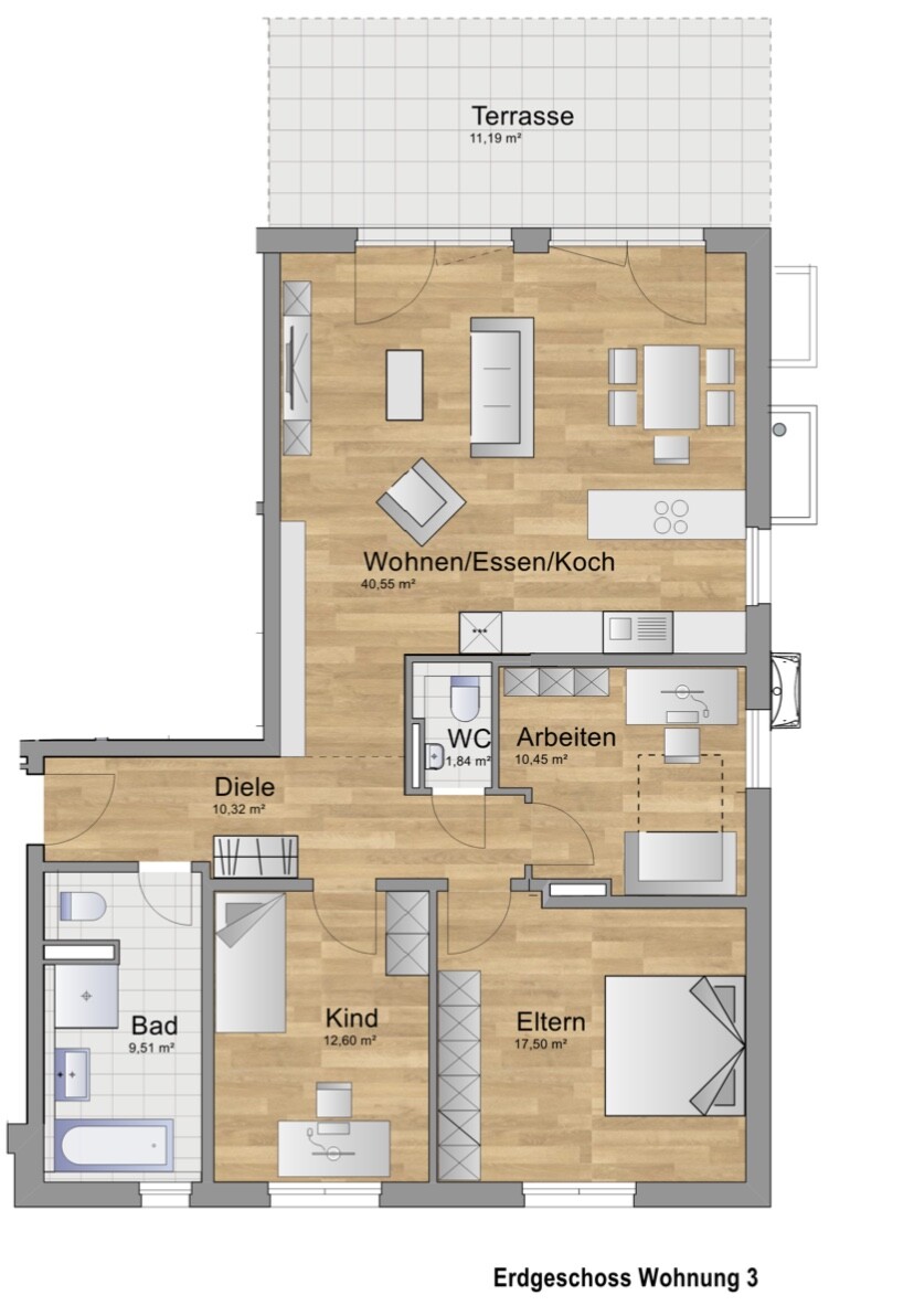 Grundriss Erdgeschoss Wohnung 3 mit Terrasse; Offener Wohn/Ess/Kochbereich, Eltern, Kind, Diele, Bad.