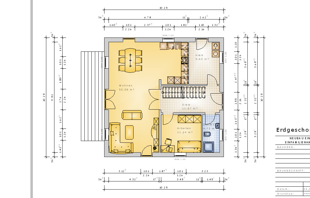 Grundriss Erdgeschoss: offener Wohnbereich, Arbeitszimmer, Diele, Küche/HWR, Treppe.
