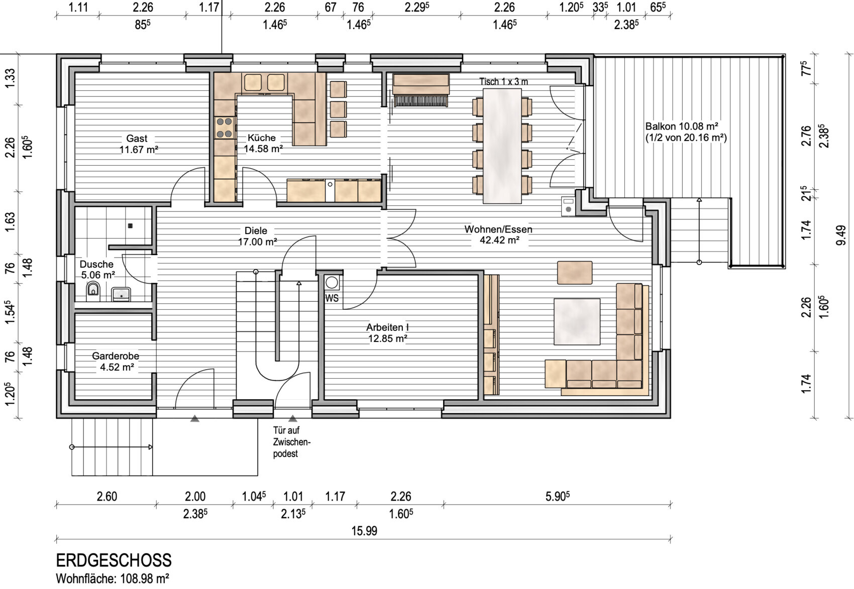 Grundriss Erdgeschoss mit Wohnzimmer, Küche, Gästezimmer, Diele, Bad, Balkon