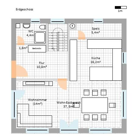 Grundriss Erdgeschoss zeigt Wohnzimmer, Essbereich, Küche, Flur und Speis