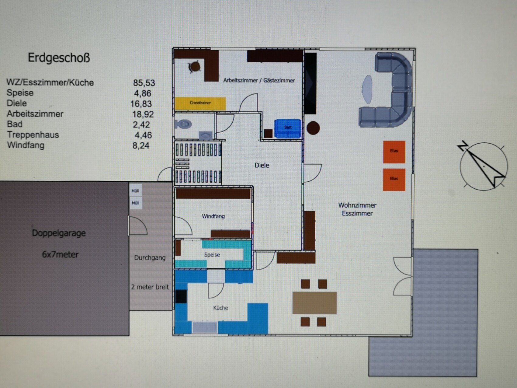 Grundriss Erdgeschoss: Wohnzimmer, Küche, Diele, Bad, Arbeitszimmer, Speise, Windfang, Garage.