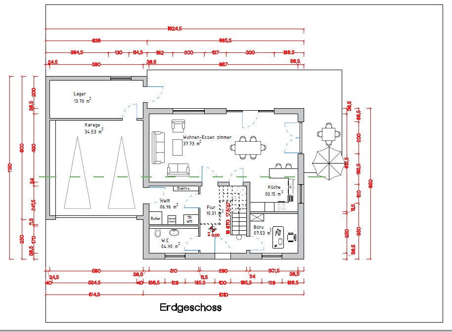 Grundriss des Erdgeschosses mit Garage, Lager, Wohn-/Esszimmer, Küche, Büro, Flur, WC.