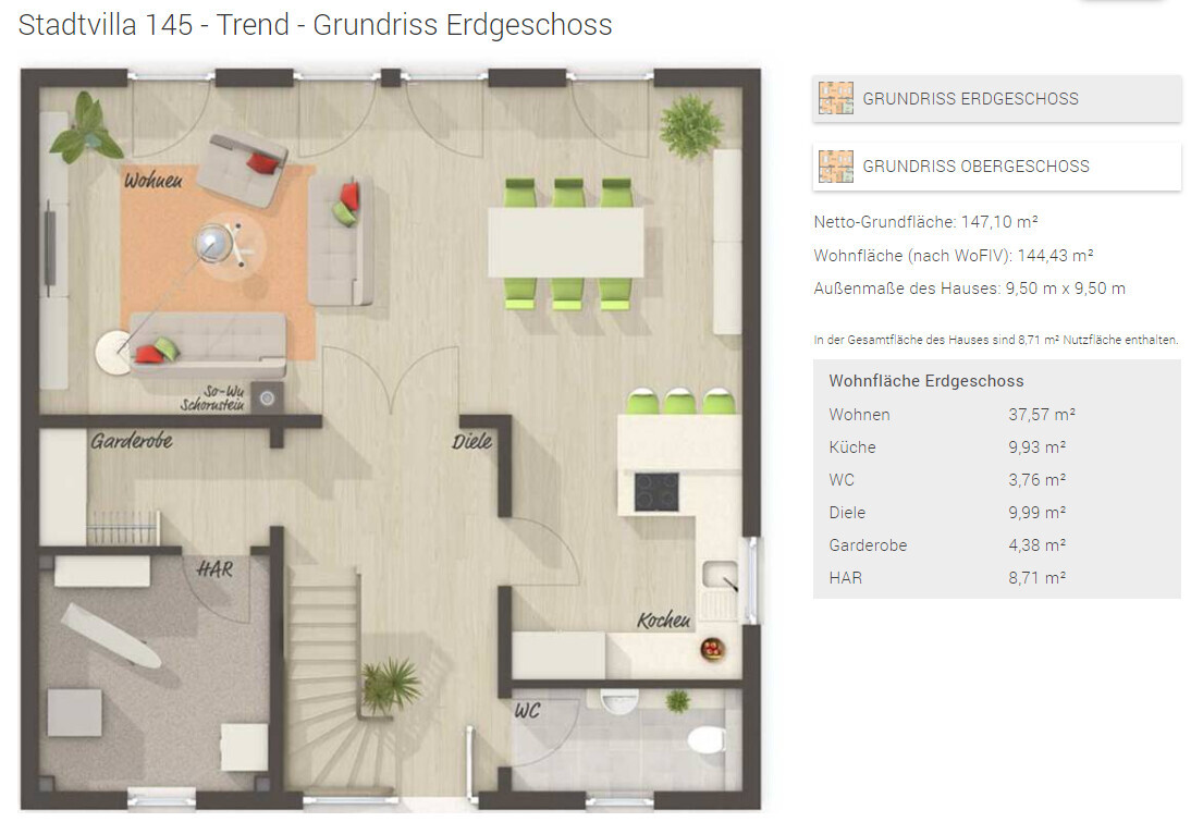 Grundriss Erdgeschoss einer Stadtvilla: offenes Wohnzimmer, Esstisch, Küche, Diele, Garderobe, WC, HAR.