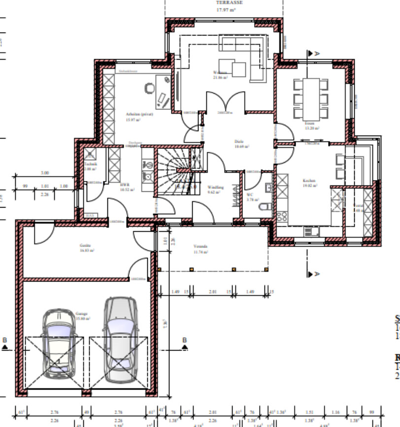 Grundriss eines Einfamilienhauses mit Doppelgarage, Küche, Esszimmer, Wohnzimmer und Terrasse.