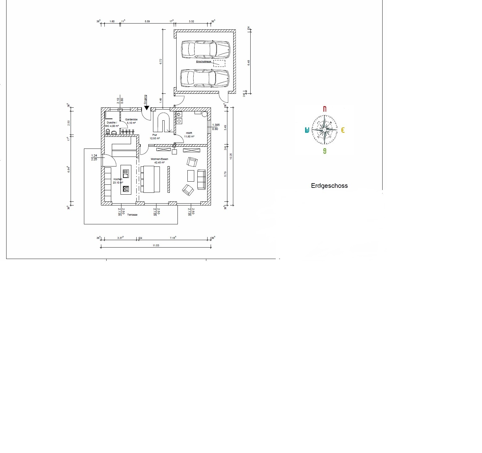 Grundriss Erdgeschoss: Doppelgarage, offener Wohn-/Essbereich, Küche, Flur, HWR, Terrasse.