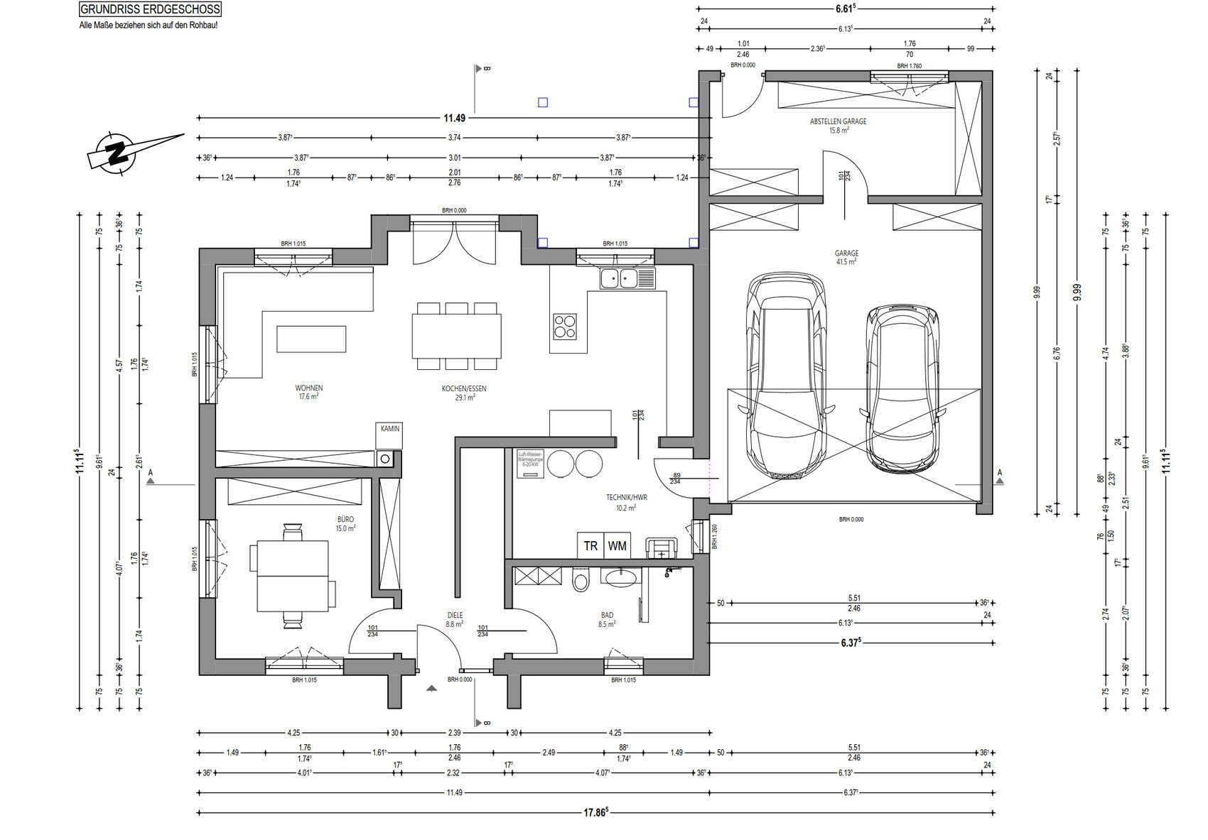 Grundriss Erdgeschoss mit Wohnbereich, Küche, Büro, Diele, Bad, Technik, Garage für zwei Autos.