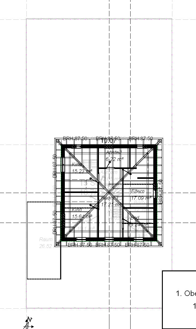 Architekten-Grundriss der ersten Etage eines Hauses mit Treppen und Zimmern.