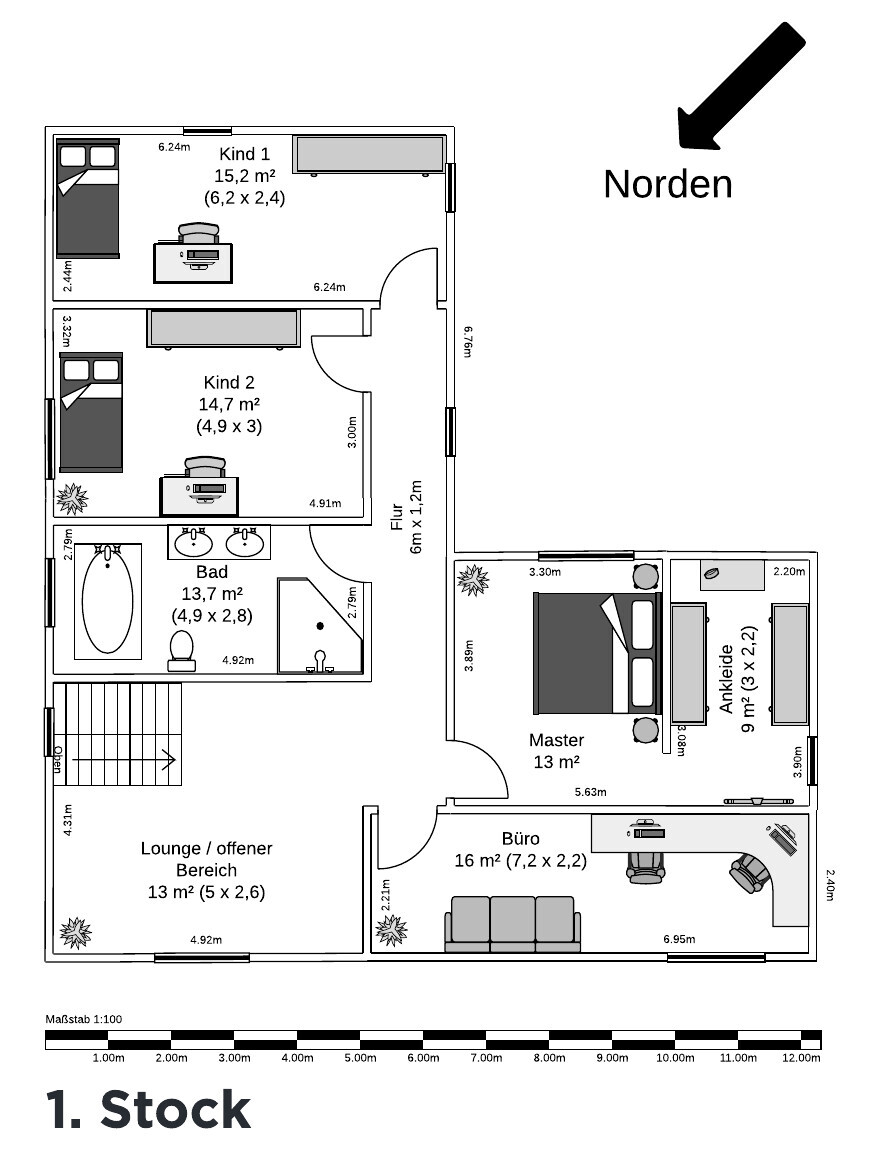 Grundriss 1. Stock: Master-Schlafzimmer, Ankleide, Büro, Lounge, Bad, zwei Kinderzimmer, Flur; Norden