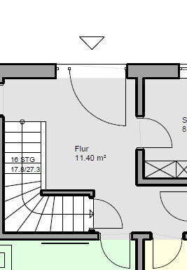 2D-Grundriss eines Flurs mit Treppenaufgang und Tür im Eingangsbereich
