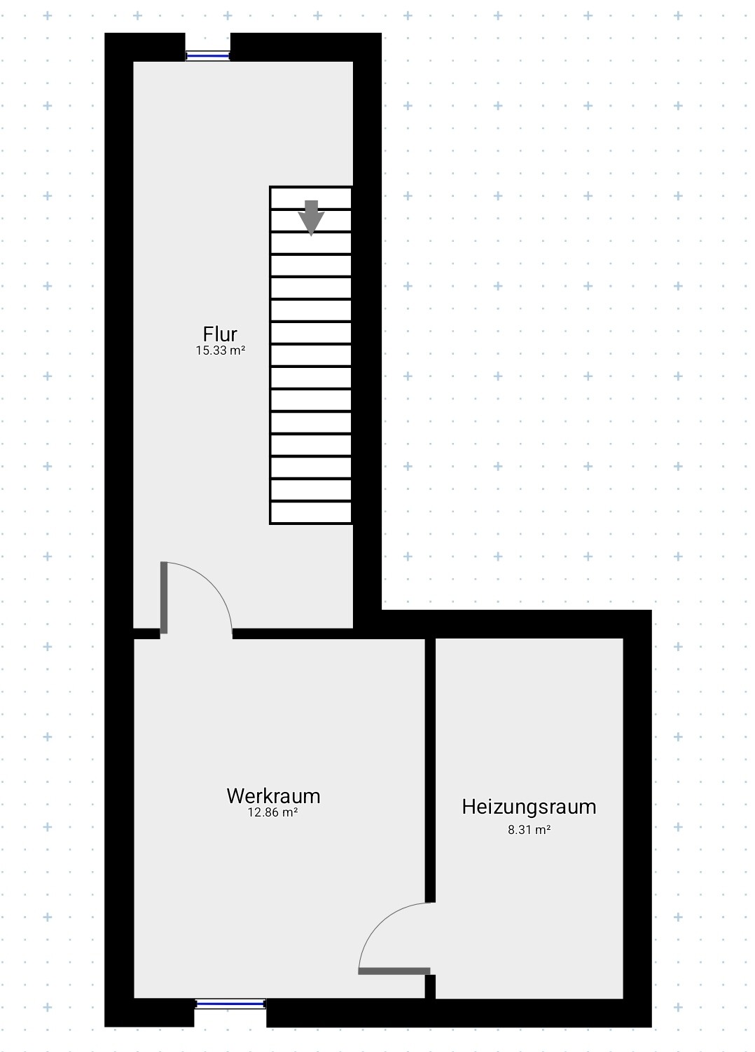 Grundriss: Flur links, Treppenaufgang rechts, Werkraum und Heizungsraum unten.