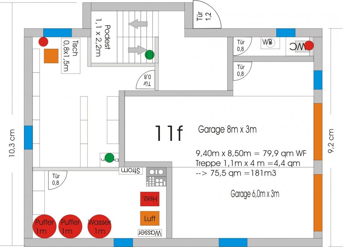 2D-Grundriss einer Garage mit Treppen, Türen und Abmessungen