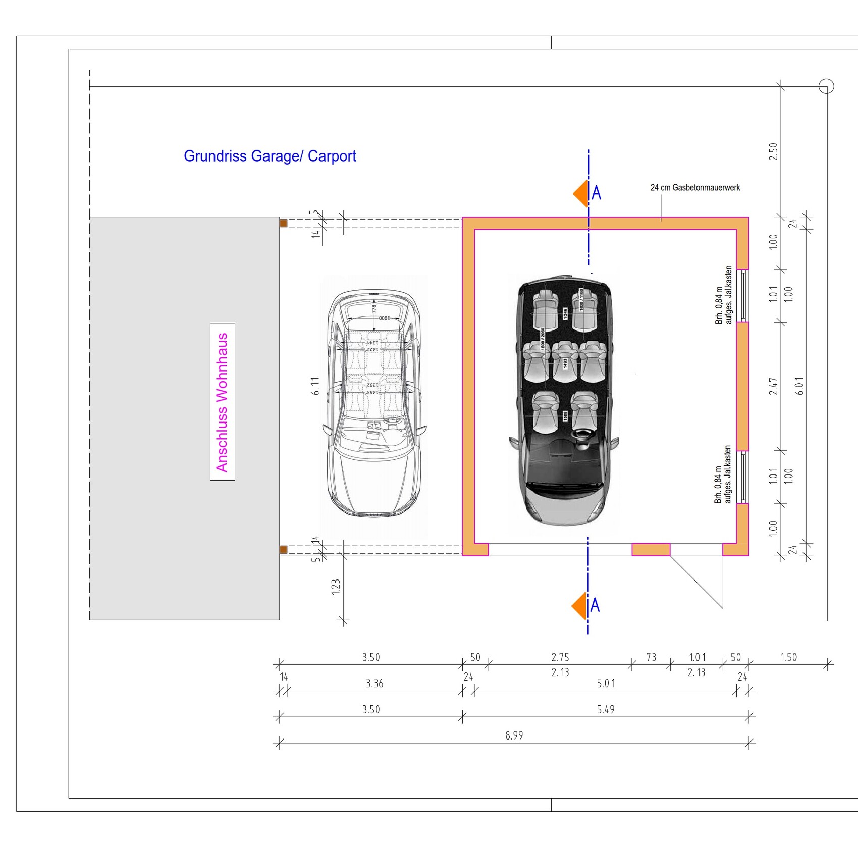 Grundriss Garage/Carport mit zwei Autos, Hausanschlussbereich und Maßlinien.