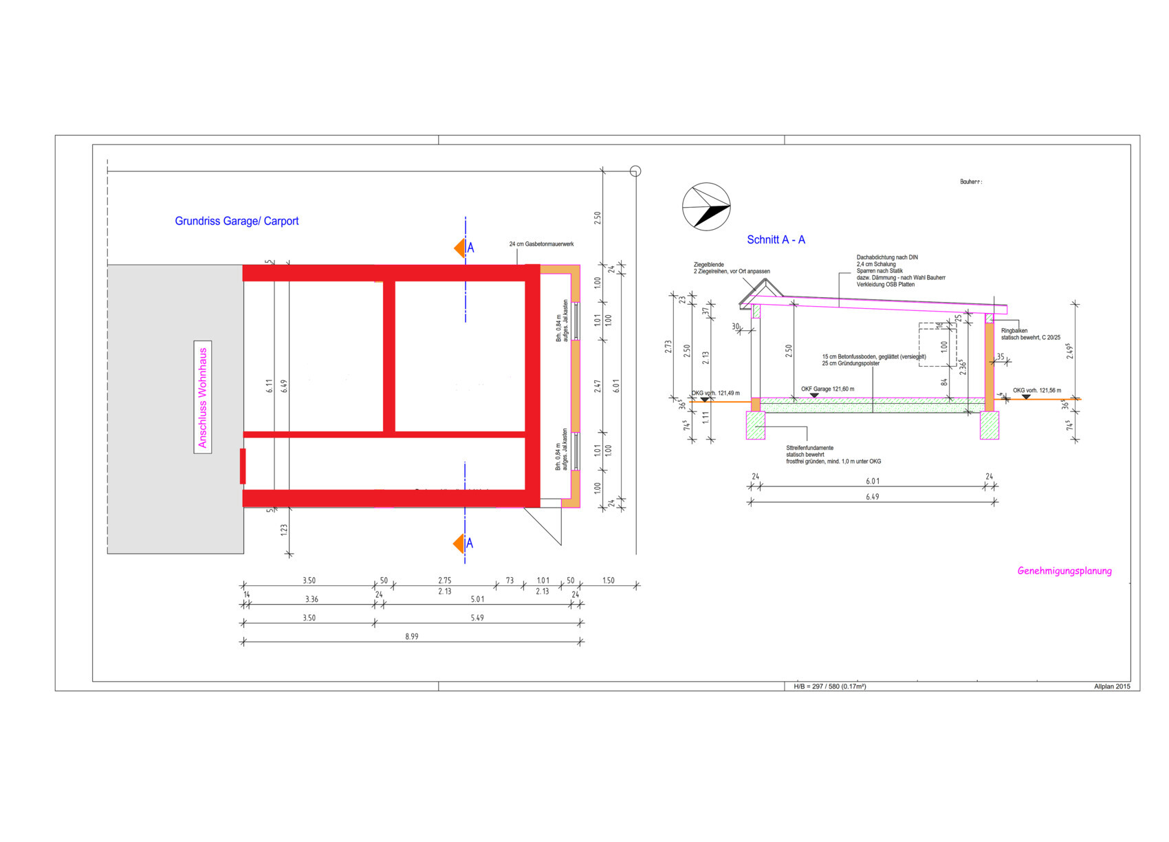 Architektenplan Grundriss Garage Carport mit Schnitt A-A und Fundamentdetails