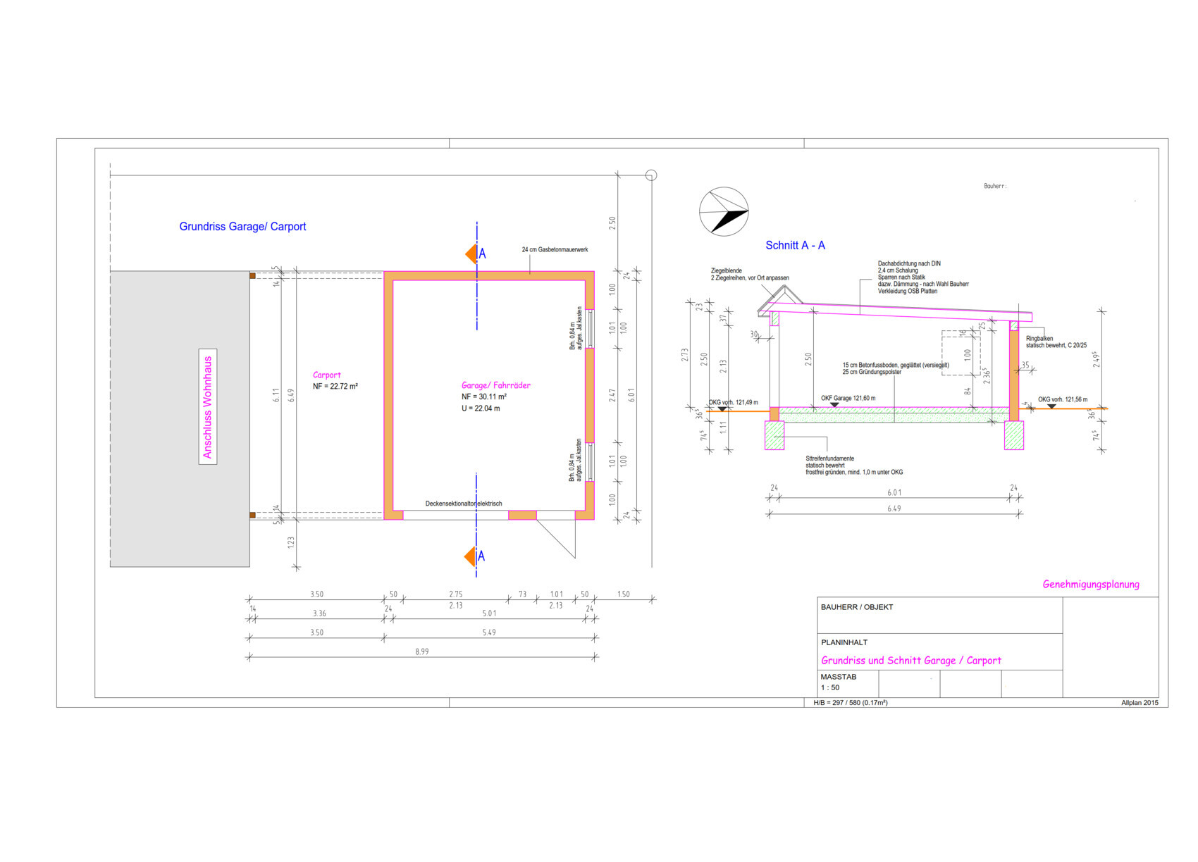 Technischer Grundrissplan von Garage/Carport mit Maßen und Schnitten.