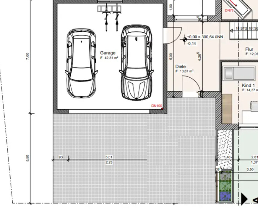Doppelgarage im Grundrissplan mit zwei Autos, Zufahrt und angrenzenden Bereichen