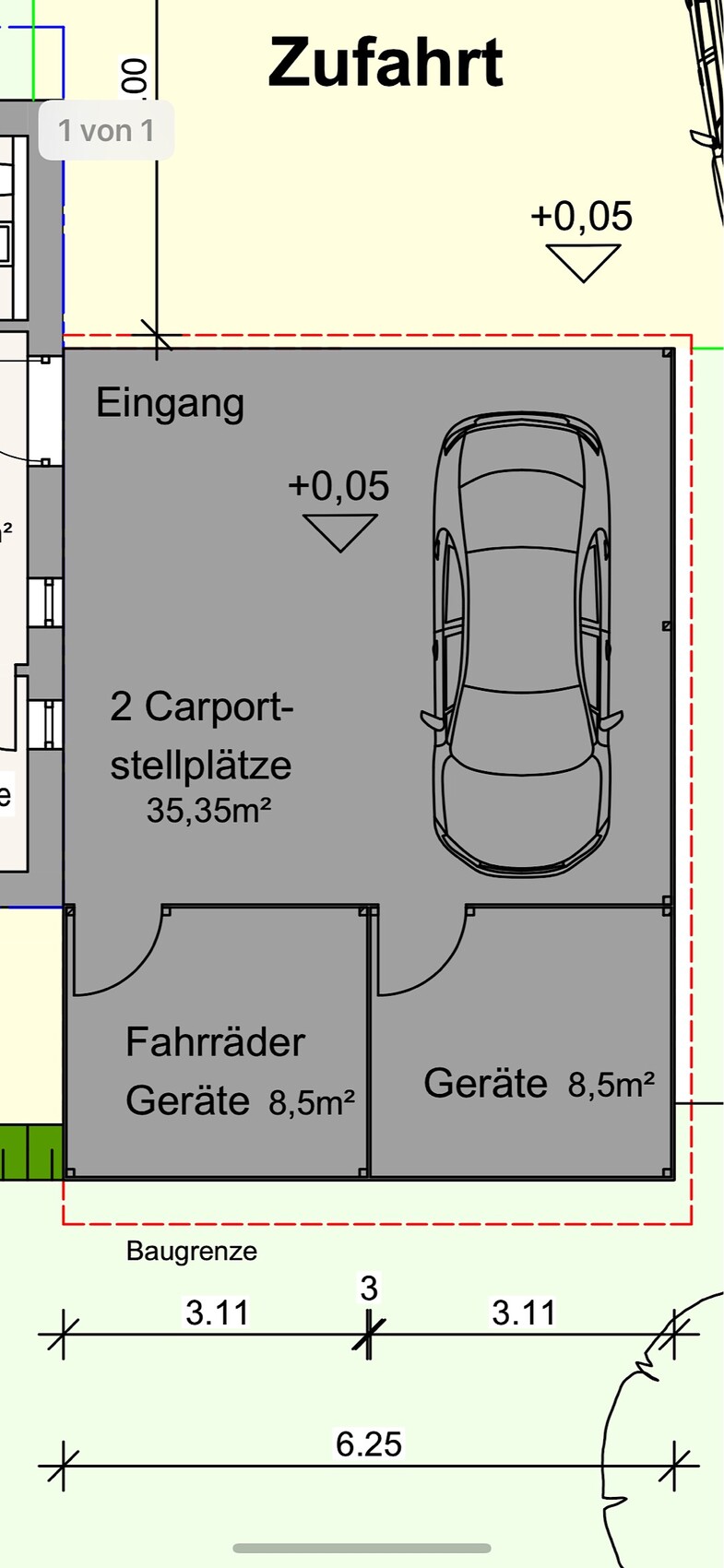 Grundrissplan einer Garage mit Carport, Eingang und Abstellbereichen.