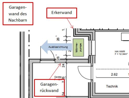 Grundrissplan einer Garage mit Nachbarwand und Erkerwand, technische Markierungen