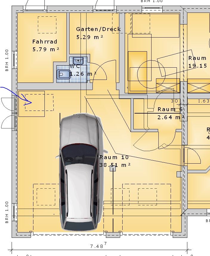 2D Grundrissplan mit Garage, Auto eingeparkt, angrenzende Räume sichtbar