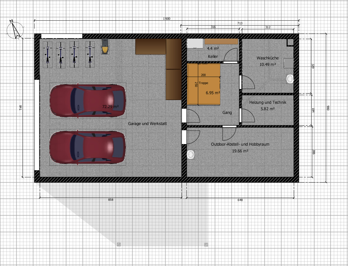 Grundrissplan: Garage mit zwei Autos, Keller, Treppe, Waschküche und Heizung