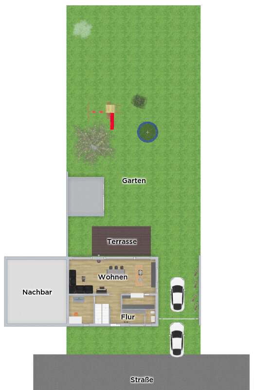 Grundriss eines Hauses mit Garten, Terrasse, Wohnen, Flur und zwei Autos vor der Straße.
