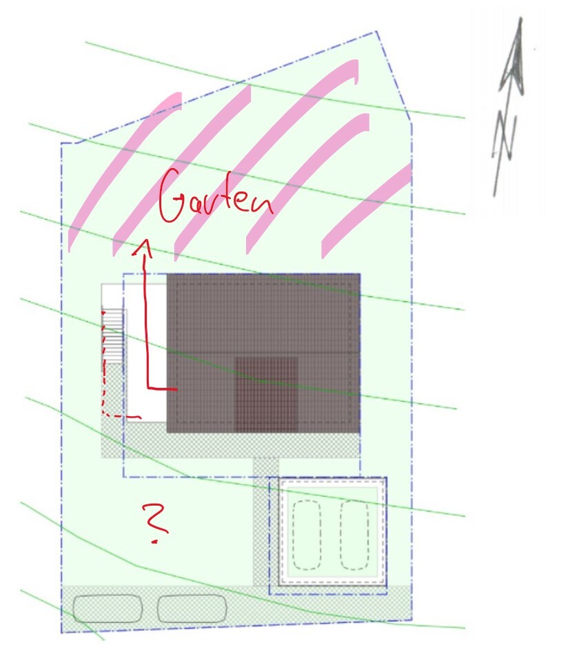 Lageplan eines Hauses mit Gartenbereich, Terrasse und markierter Gartenzone