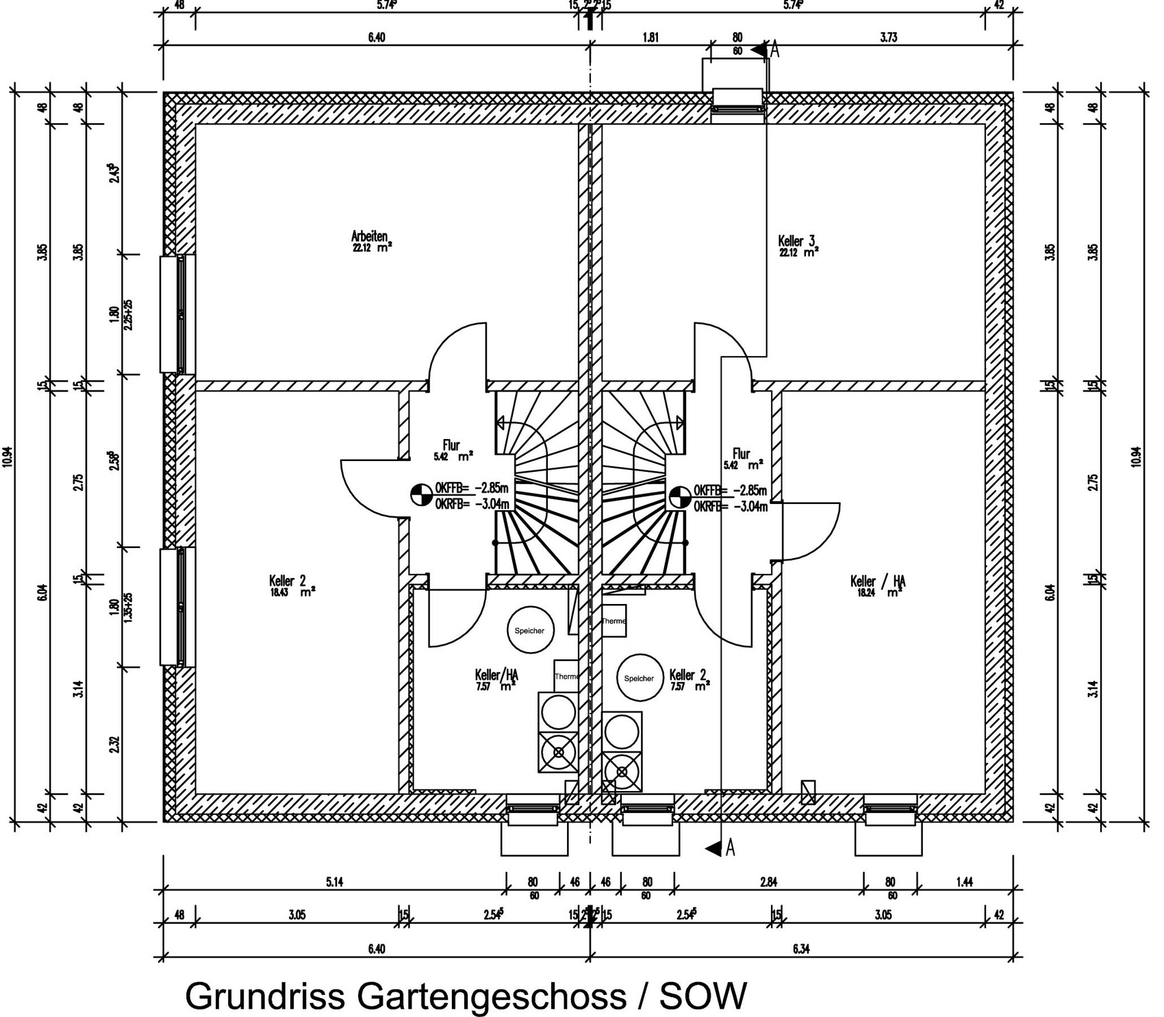 Detaillierter 2D-Grundriss eines Gartengeschosses mit Kellern, Fluren und Treppen