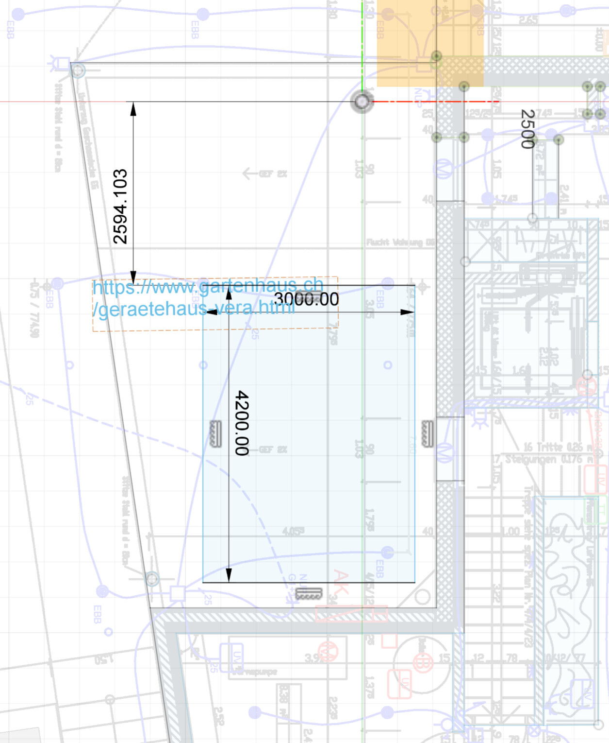 Schematischer Bauplan eines Gartenhauses mit Abmessungen 3000 x 4200 mm und Umrisslinien.