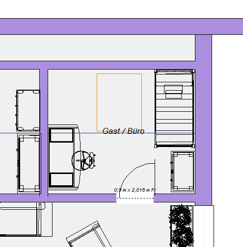 Grundriss eines Gäste- und Arbeitszimmers mit Schreibtisch, Stuhl, Schränken und Tür.