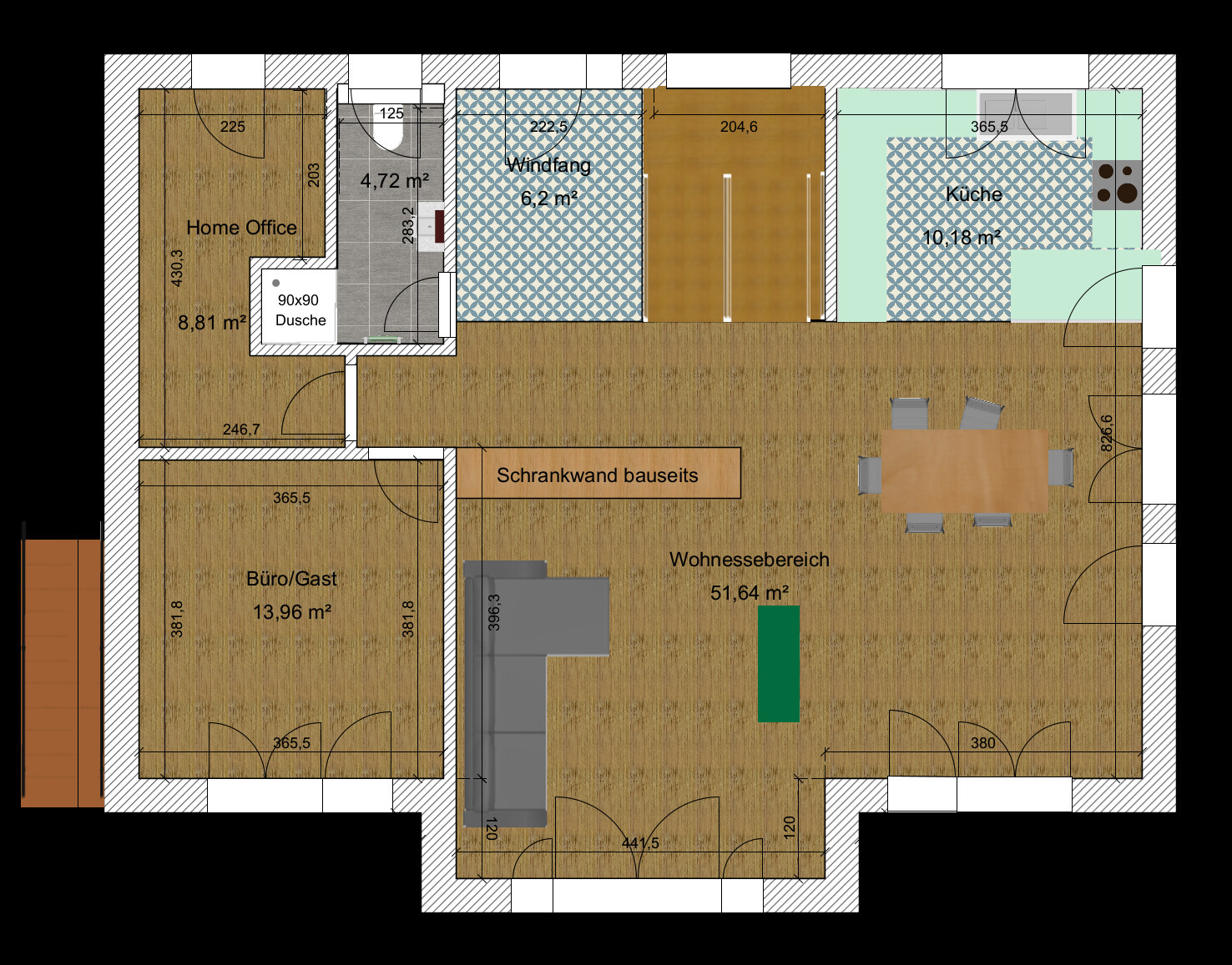 Grundriss einer Wohnung mit Wohnbereich, Küche, Windfang, Dusche, Home Office, Büro/Gast.