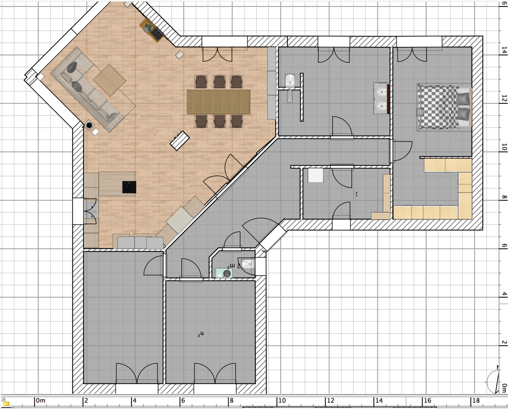 Detaillierter Grundriss eines Hauses mit Küche, Essbereich, Wohnzimmer, Schlafzimmern und Bad