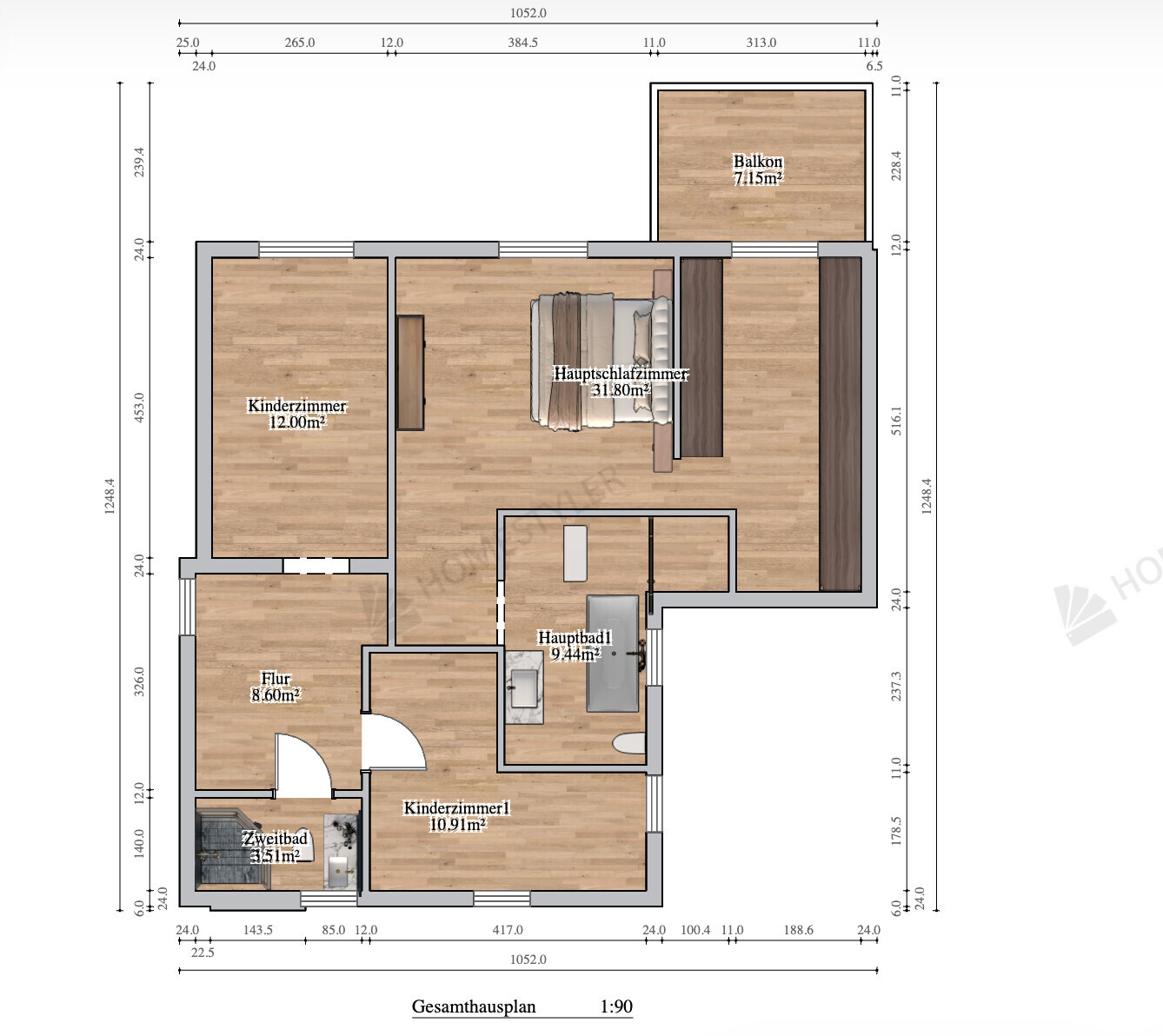 Grundriss eines Hauses mit Hauptschlafzimmer, Kinderzimmer, Flur, Balkon und zwei Bädern.