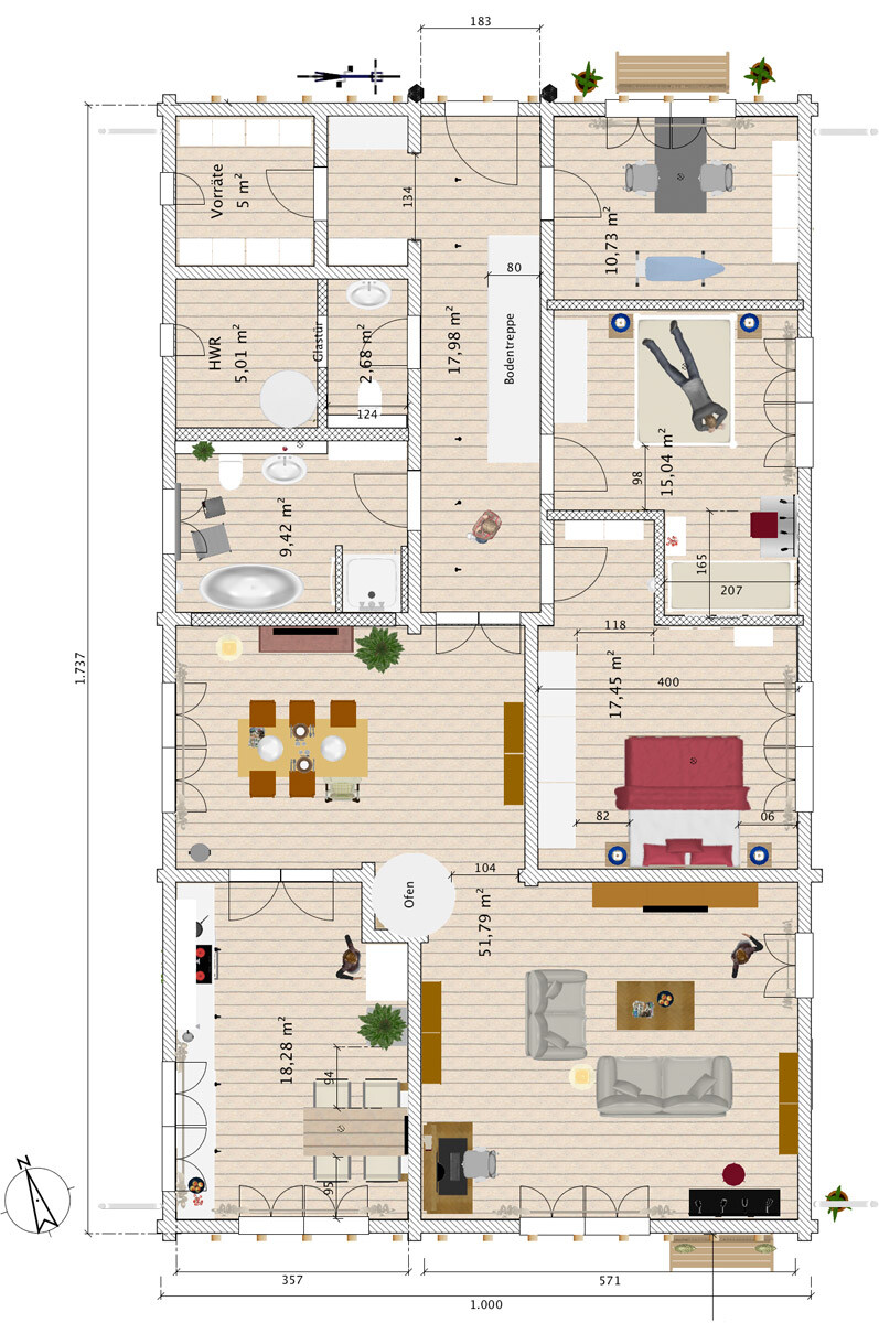Grundriss eines Wohnhauses: Küche, Esszimmer, Wohnzimmer, Schlafzimmer, Bad, Flur, Treppenaufgang