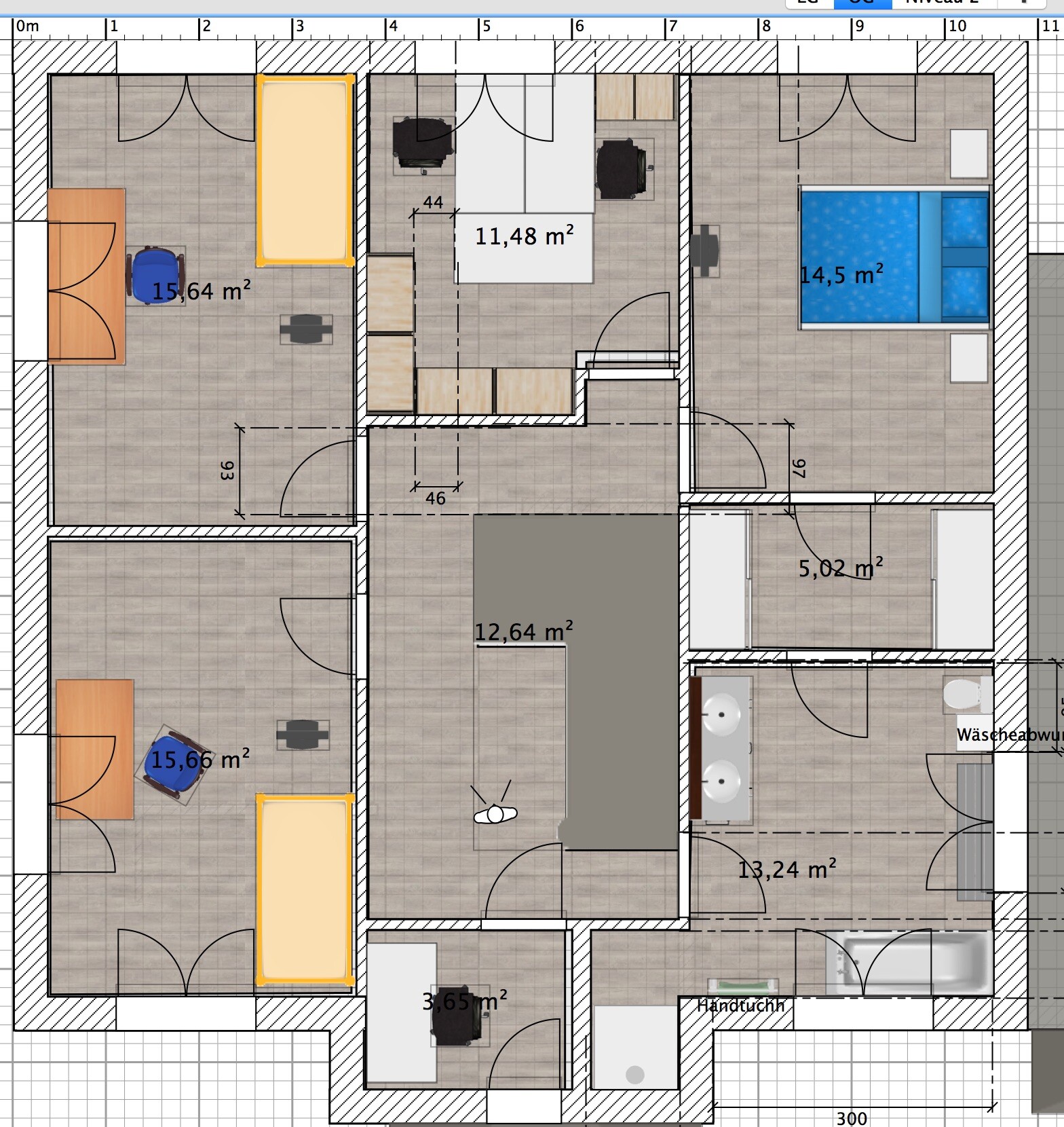 2D-Grundriss eines Hauses mit mehreren Zimmern, Türen und Abmessungen
