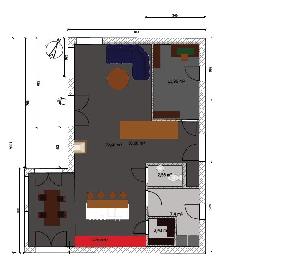 Grundrissplan eines Wohn- und Essbereichs mit Küche, Bad, Treppe und Maßlinien.