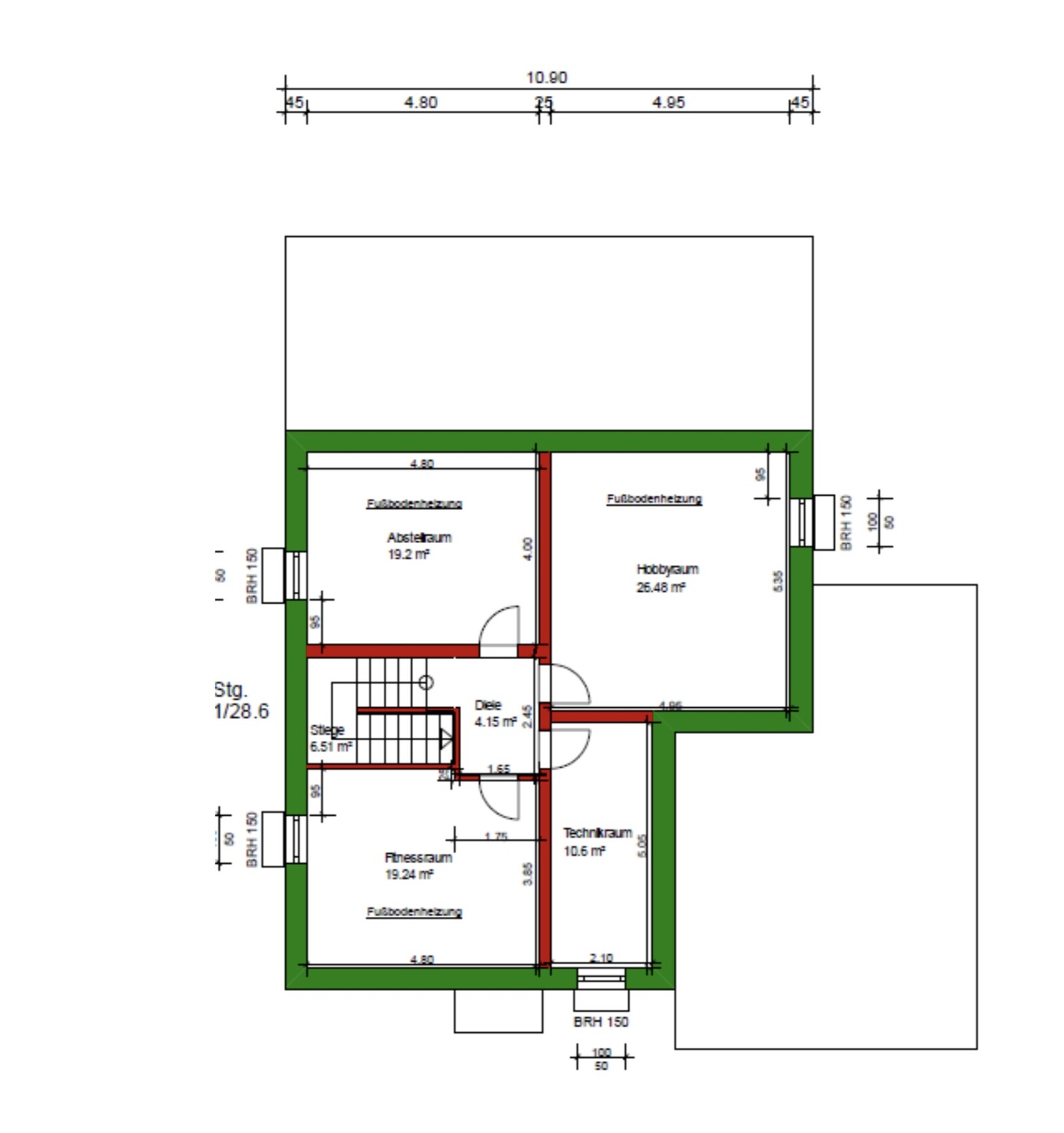 2D-Grundriss eines Gebäudegeschosses mit Hobbyraum, Fitnessraum und Technikraum.