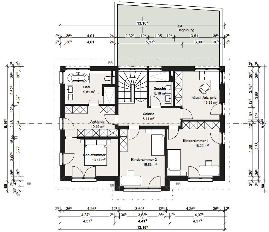Grundriss: Treppenhaus, Galerie, Bad, Dusche, Ankleide, Schlafzimmer, 2 Kinderzimmer.
