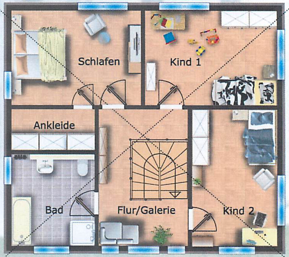 Grundriss eines Hauses mit Schlafen, Ankleide, Bad, Flur/Galerie, Kind 1, Kind 2.